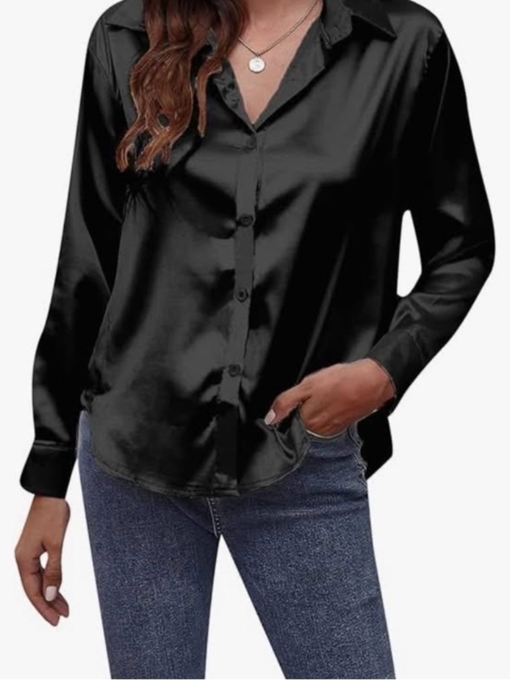 Women’s Black Satin Button-Up Blouse - Classic Collared Top - Picture 1 of 7